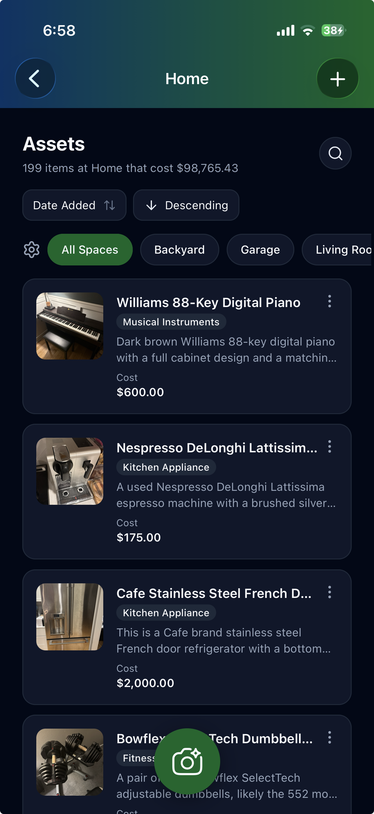 Simple Assets app showing home inventory